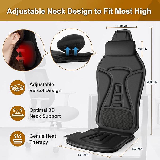 Back Massager with Heat for Chair, Massage Chair Pad with Neck Support, Waist Cooling & Vibration, Seat Massager for Seniors, Office Workers & Family, Fatigue & Pain Relief in Office, Home & Travel