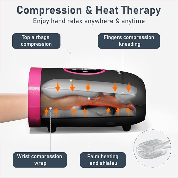 QUINEAR Hand Massager - Cordless Hand Massager with Heat and Compression for Arthritis, Carpal Tunnel and Stiff Joints - Gifts for Women Men- FSA-HSA(Pink)