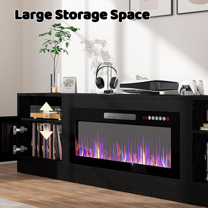 Lemberi Fireplace tv Stand with 36 inch Fireplace Up to 90" TVs, LED Light Entertainment Center and Storage, 80" Modern Wood Media TV Console with Highlight Cabinet for Living Room (Black)