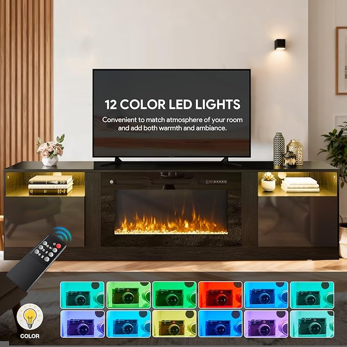 70" TV Stand with 36" Electric Fireplace, Large Modern Media Entertainment Center with Storage Cabinet and 12 Colors LED Lights for TVs Up to 80"