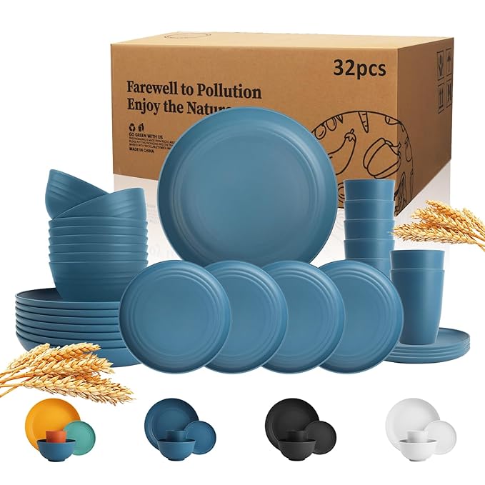 Wheat Straw Dinnerware Set of 32,Unbreakable Dinner Plates and Bowls Dishes Sets Service for 8,Dishwasher Safe Dinnerware Sets for Kitchen and Camping.Navy Blue