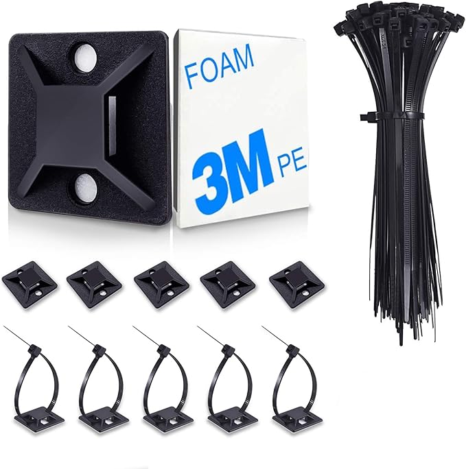 HUASAI 4/5" 100 Pack Zip Tie Mount With Cable Ties,Self Adhesive-backed Mounts for Wire Holder, Black Cable Management Clips Wall Anchors