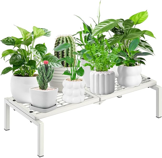 1 Tier Metal Plant Stand Indoor Outdoor, Potted Multiple Flower Pot Holder Rack Plant Shelf, Heavy Duty Planter Display Shelving for Patio Balcony Garden Living Room Decorative (White)