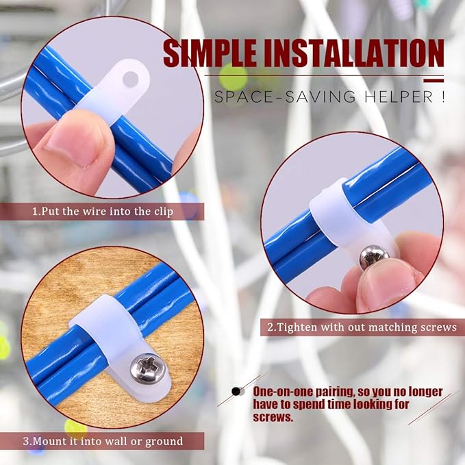 Hilitchi 135 Pcs 6 Sizes White Plastic Cable Clamp R Type Screw Mounting Cord Fastener Cable Clips Assortment Kit with Screws for Wire Management Cable Conduit (Clips from 6mm to 23mm)