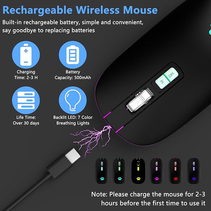 KARFUN Wireless Mouse, Backlit LED Portable Slim Computer Mouses for Laptop, PC, Computer, MacBook, iPad, Chromebook, Notebook, 2.4G Rechargeable Wireless Mouse (Black-Black Nose)