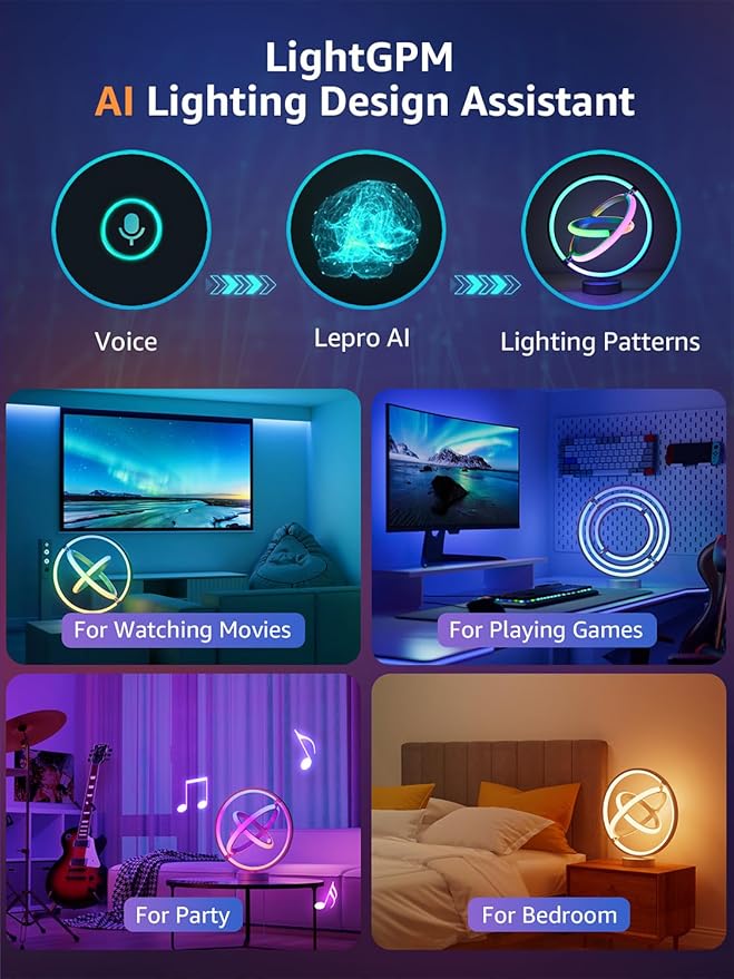 Lepro TB1 AI Smart Table Lamp, RGB+IC Addressable Color Changing Desk Light Alexa Google Home Enable, Music Sync, DIY Endless Scenes, APP Control Cool LED Lamp for Room Decor Ambient Lighting, 2.4 GHz