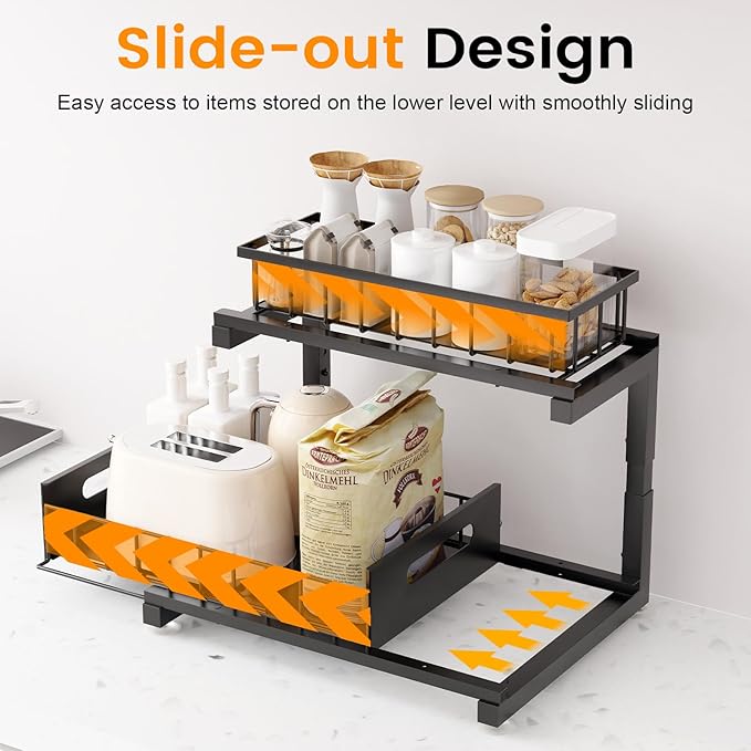 Under Sink Organizer Storage 2-Tier Heavy Duty Metal Pull Out Cabinet Organizer Slide Out Sink Shelf Organizer Height Adjustable, Multi-Purpose Storage Shelf for Kitchen Bathroom (Black, 1 Pack)
