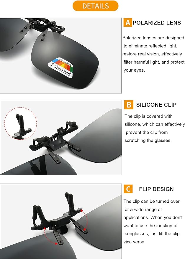 Junsika Polarized Clip On Sunglasses for Prescription Glasses Men Women Flip Up Rimless Black Sunglasses UV400 Protection