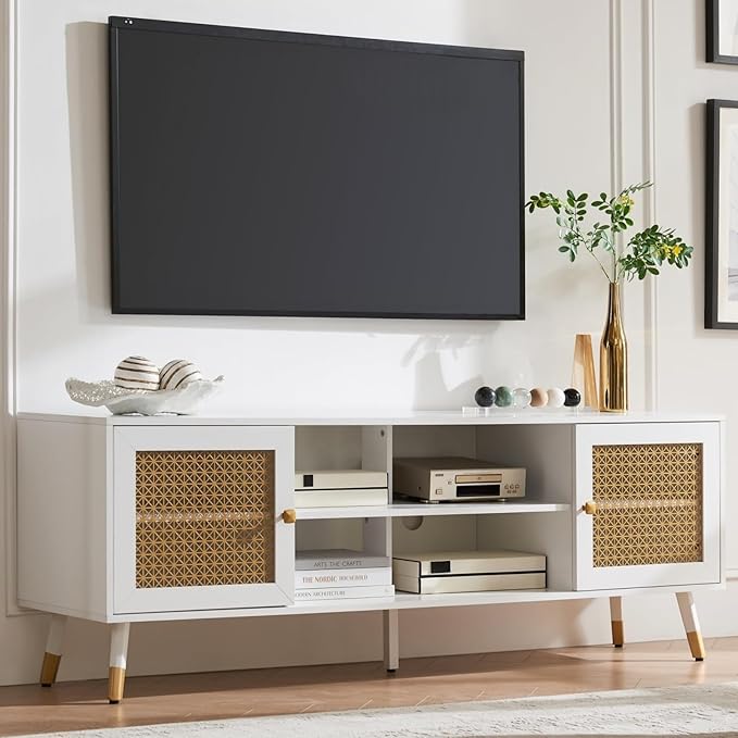 White TV Stand for Living Room,66" Modern Entertainment Center with Storage Cabinets, Fluted Boho TV & Media Console (White and Gold,)