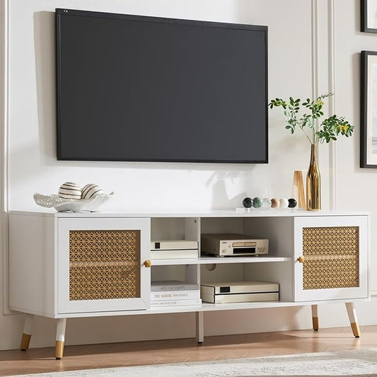 White TV Stand for Living Room,66" Modern Entertainment Center with Storage Cabinets, Fluted Boho TV & Media Console (White and Gold,)