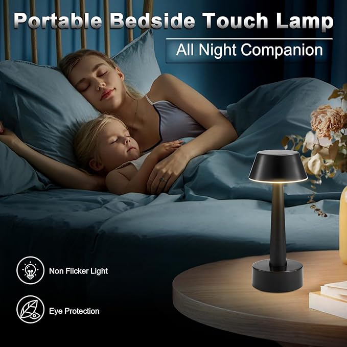 2 Pack Small Cordless Table Lamp, Battery Operated Black Lamp for Restaurant Dinner Table, Rechargeable 3-Way Dimmable Touch Light Portable Metal Night Light for Bedside Dining Room Patio Bar Outdoor