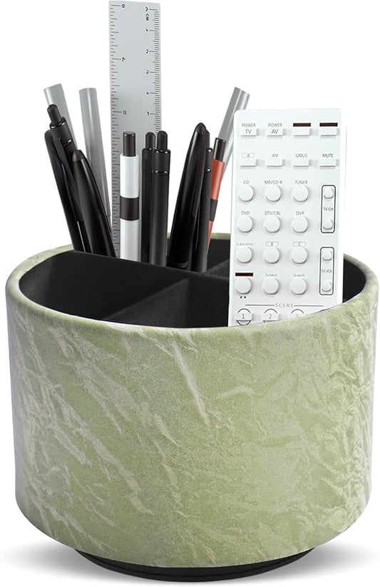 Hennaja Round Leather Art Supply Organizer,Remote Control Holder,360 Degree Spinning,Multi-Functional Pencil Holder,4 Compartments Desktop Stationary Organizer(1-Hill Green)