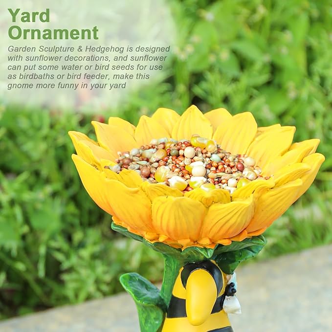 MUMTOP Garden Gnome Statue with Sunflower Birdbath Birdfeeder Outdoor Decor, Resin Summer Bee Gnome Holding Honey Jar with Solar LED Light Waterproof Garden Sculpture for Yard Lawn Decorations