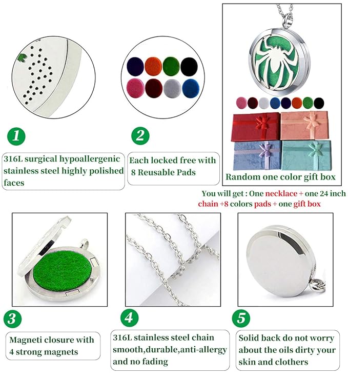 Essential Oil Diffuser Necklace - Aromatherapy Stainless Steel Spider Pattern Locket Pendant Jewelry Set for Birthday Christmas Halloween Women Men Teen