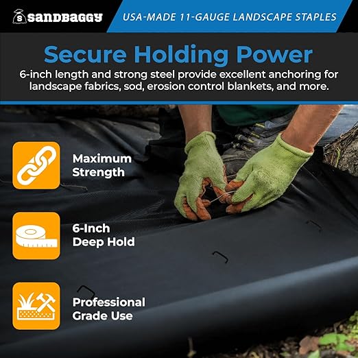 Sandbaggy USA Made 6-inch Landscape Staples - Garden Stakes - Landscaping Fabric, Netting, Sod, Artificial Turf (Standard, 5000)