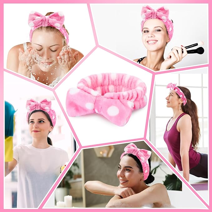 50 Pcs Pink Spa Headband Bulk Spa Sleepover Party Supplies for Washing Face with Removable Bow Makeup Elastic Bowknot Headbands for Women Gifts Soft Skincare Microfiber Hairbands(Dots Style)