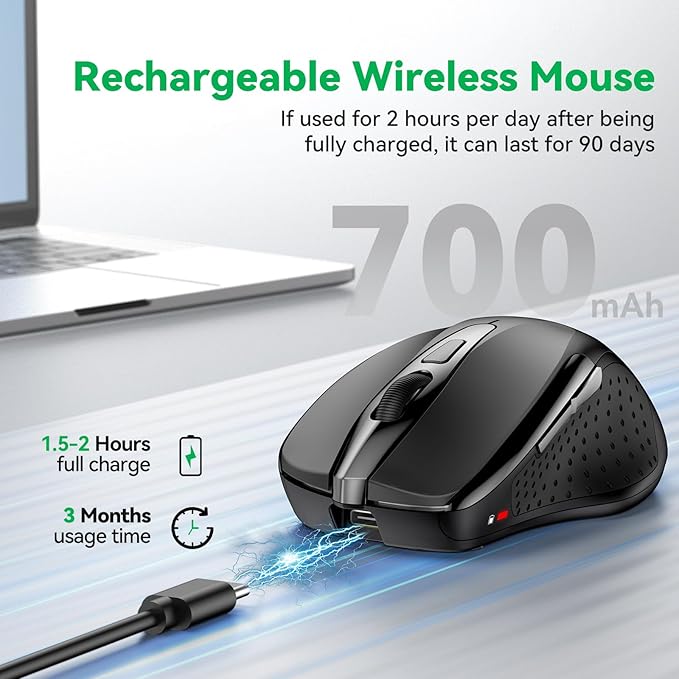 TechRise Bluetooth Mouse (BT5.0/3.0 & 2.4G) Rechargeable Wireless Mouse, 4800 DPI Optical Tracking, 6 Adjustable DPI, 2.4GHz with USB A Receiver, Quiet Clicks, Ergonomic Grips, 6 Buttons - Black