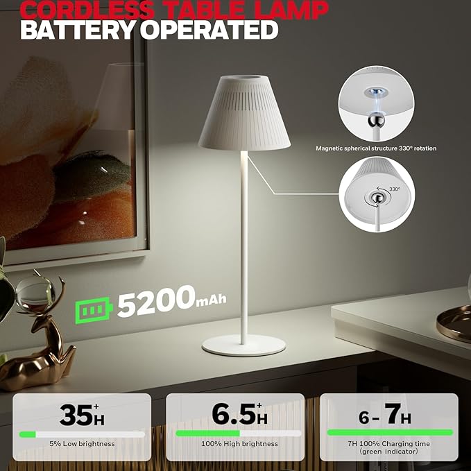 Rechargeable Table Lamps, LED Cordless Lamp with 5200mAh Battery Operated Portable M1 Sunturalux Dimmable 4Color 9RGB Touch Control Bedside Night Light for Patio Restaurant Home Dinner Dining Kitchen