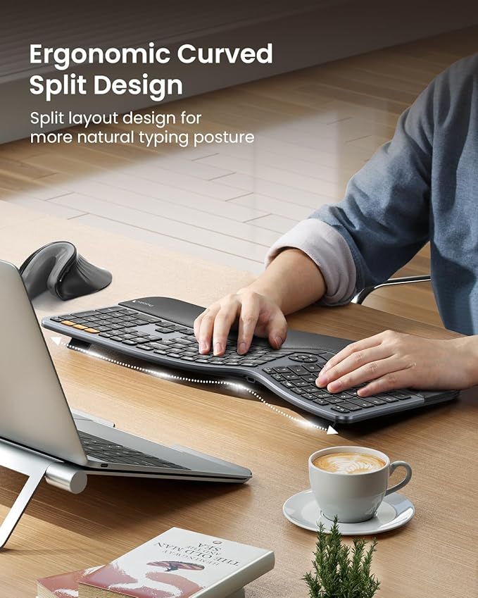 Backlit Bluetooth Ergonomic Keyboard, ProtoArc EK01 Plus Full Size Wireless Split Keyboard with Dual Bluetooth and USB, Cushioned Wrist Rest, Rechargeable for Windows/Mac/Android, Grey Black