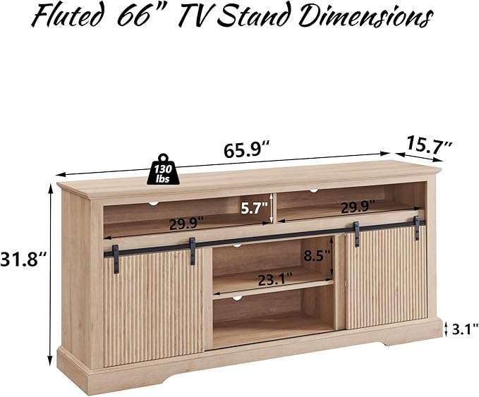 Fluted TV Stand for 75 Inch TVs, 32" Tall Modern Entertainment Center with Waveform Panel Sliding Door, Media Console Cabinet with Storage & Adjustable Shelf for Living Room, 66 inch (Natural)
