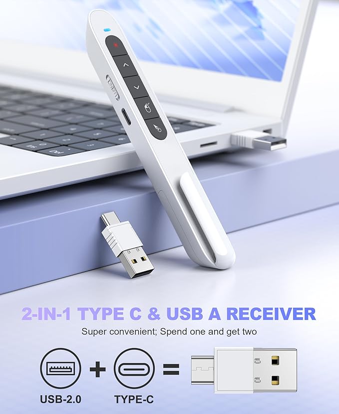 2 in 1 USB Type C Wireless Rechargeable Presenter Remote with Air Mouse, Volume Control Presentation Clicker PPT Pointer RF 2.4GZ PowerPoint Clicker Slide Advancer for Window Mac Keynote Google White