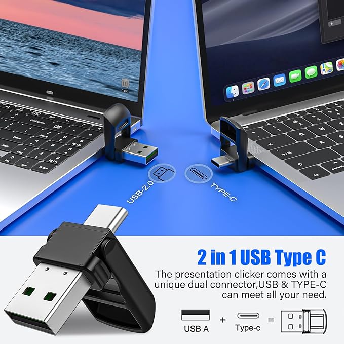 2-in-1 USB TYPE-C Presentation Clicker wireless Presenter Remote Clicker, Powerpoint Clicker Slide Advancer, Clicker for Powerpoint Presentations with Volume Control, Presentation Clicker for Computer