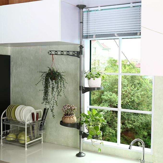 BAOYOUNI Indoor Plant Pole Stand Tension Rod Adjustable Flower Display Rack Spring Loaded Floral Hanger Storage Shelf with 3 Trays & 1 Arm for Windowsill Counter Top, Grey