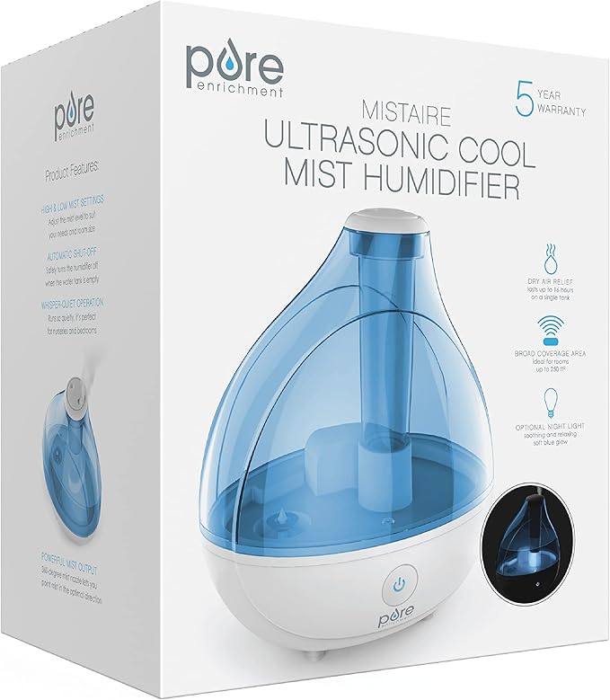 Pure Enrichment MistAire Ultrasonic Cool Mist Humidifier - Quiet Air Humidifier for Bedroom, Nursery, Office, & Indoor Plants - Lasts Up To 25 Hours