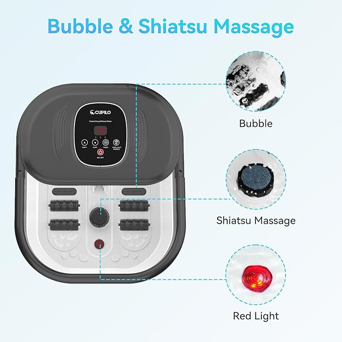 Foot Spa Bath Massager, Collapsible Foot Soaking Tub with Heat, Bubbles, Red Light, Pumice Stone, and Shiatsu Rollers for Relaxation, Gift for Foot Care