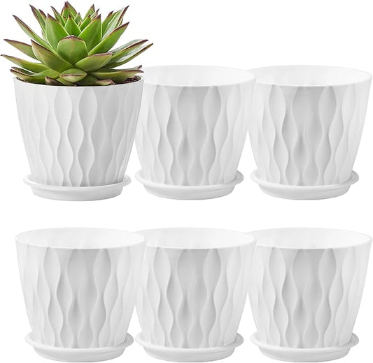 FaithLand 6-Pack 6-Inch Plastic Plant Pots with Saucers | Thickened PP Material, Modern Wave Texture, Enhanced Drainage for Indoor/Outdoor Garden Plants | White Value Set