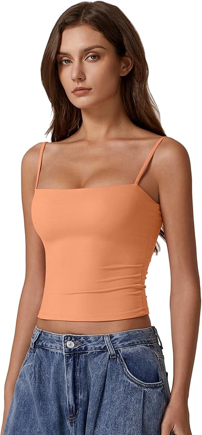 QINSEN Women's Double Lined Basic Tank Top Adjustable Spaghetti Straps Sleeveless Camisole Shirts