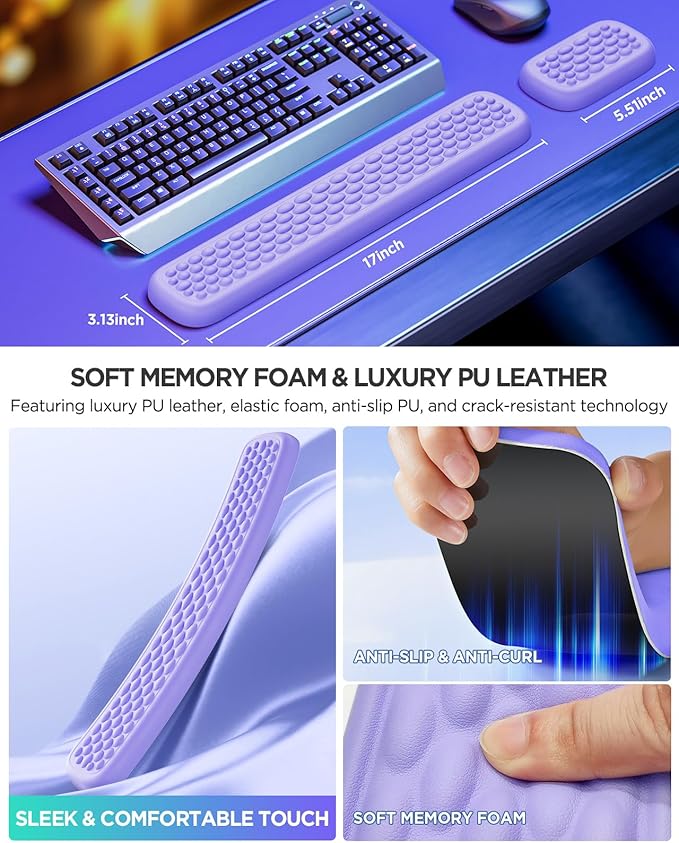 Lekvey Ergonomic Keyboard Wrist Rest, Waterproof PU Leather Wrist Pad with Memory Foam Massage Points, Durable Carpal Tunnel Support for Office/Gaming, Typing Pain Relief, Easy-Clean, Purple