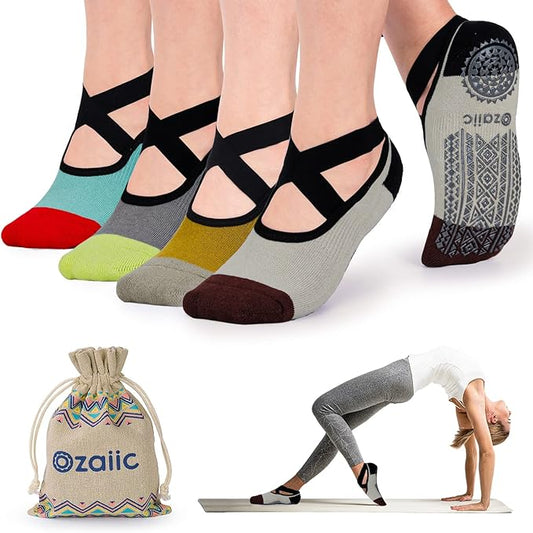 Ozaiic Yoga Socks for Women Non-Slip Grips & Straps, Ideal for Pilates, Pure Barre, Ballet, Dance, Barefoot Workout