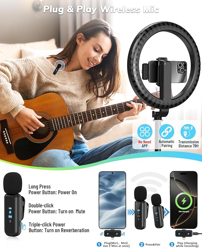 Vlogging Kit for iPhone/Android - 10" Selfie Ring Light with 74" Tripod Stand & Phone Holder, Tripod for iPhone with Light and Microphone, YouTube Starter Kit for TikTok/Makeup/Content Creator