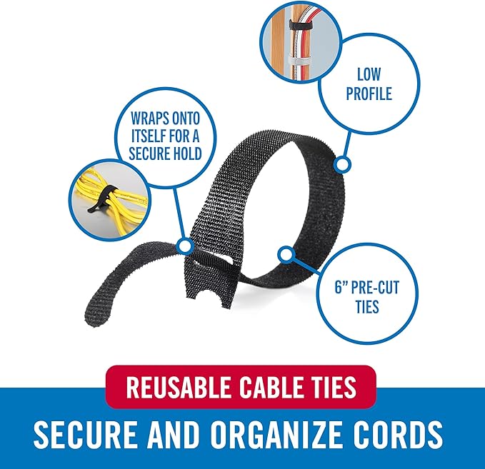 VELCRO Brand Reusable Cable Ties, 100 Pack 6 Inch Cable Management Ties, Cord Wraps for Electrical Cords, Black
