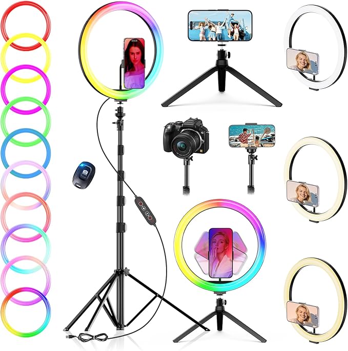 12" Selfie Ring Light with 73" Extendable Tripod Stand: PEYOU Desk Selfie Lights 38 Color Modes, Upgrade 3 in 1 Dimmable Adjustable Speed Ring Light for Makeup/TIK Tok/YouTube
