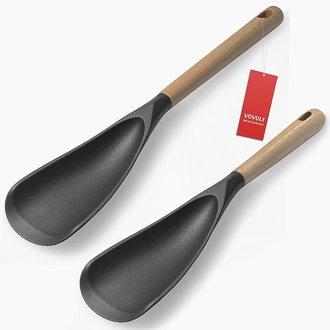 VOVOLY Cooking Spoon for Nonstick Cookingwares, Silicone Spoon Spoon for Mixing, Scoop, and Scrape, Black (13.4''+11.4" Black 2-Pack)