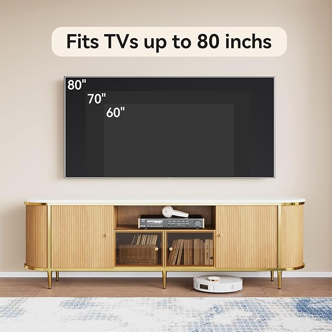 Luxury 70" Fluted TV Stand, Modern Entertainment Center for TVs Up to 80”, TV Console with Faux Marble Tabletop, Curved Profile Design, Media Console for Living Room, Wood