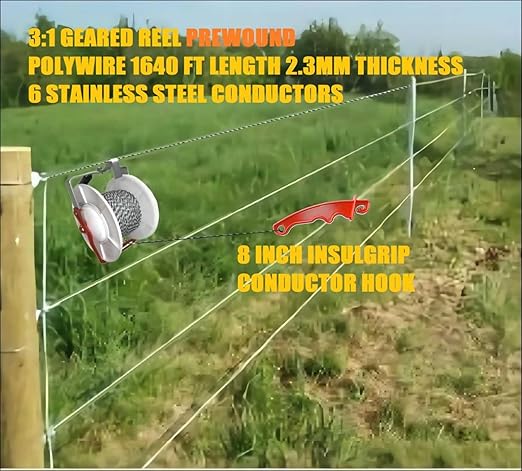 1 Pack 3:1 Geared Electric Fencing Standard Reel with 1969ft Premium Polywire 6 Conductors Plus 1 Free 8 inch Insulgrip