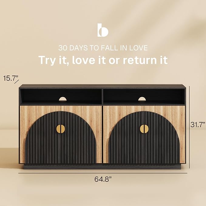 BELLEZE 65 Inch Fluted TV Stand, Mid Century Modern Entertainment Center with Storage Cabinets & Open Shelves, Media Console TV Cabinet with Adjustable Shelves for Living Room, Camel