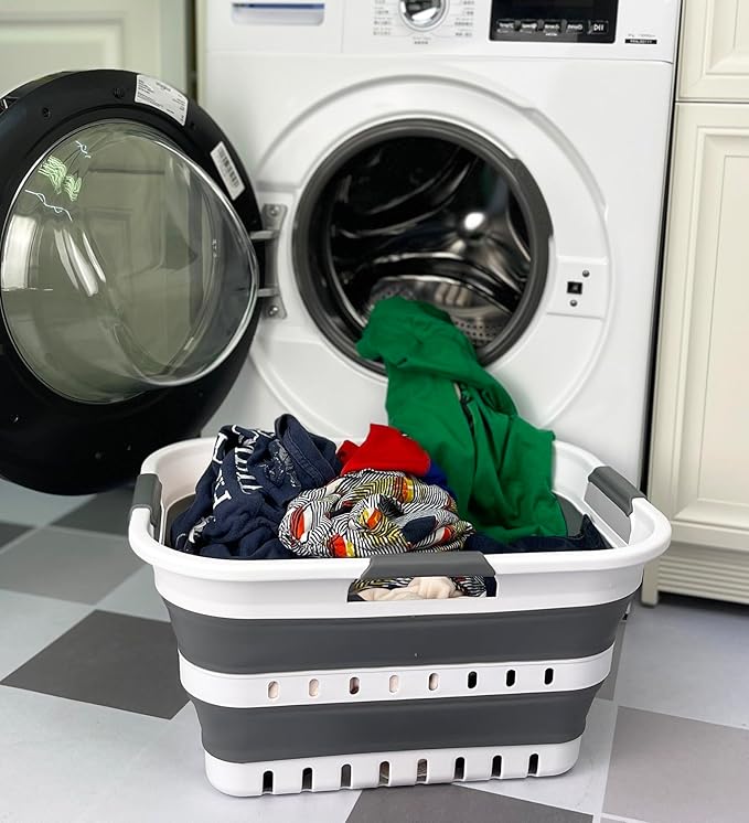 SAMMART Collapsible Plastic Rectangular Laundry Basket - Foldable Pop Up Storage Container/Organizer - Portable Laundry Hamper - Space Saving (White/Steel Grey, 30L)