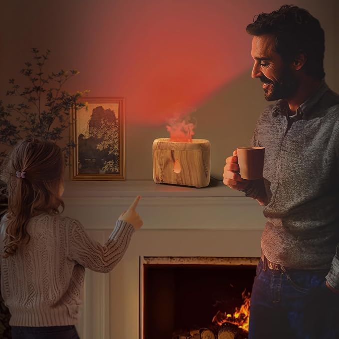 Flame Diffuser for Essential Oils, 200ml Ultrasonic Aroma Diffusers with Cool Mist, Aromatherapy Diffuser with Auto-Off Protection (Wooden Grain(7 Colors), Peppermint+Lavender+Tea Tree+Lemon)