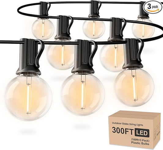 RTTY Outdoor String Lights 300ft, 3 Pack 100ft G40 Led Patio Globe Lights with 52pcs Bulbs,Shatterproof Waterproof Connectable Hanging for Porch Cafe Bistro Backyard Gazebo Balcony Deck Party