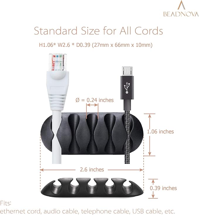 BEADNOVA Cord Organizer Cable Organizer Cable Clips Cord Holder for Desk Management Wire Holder Clips for Computer Desk (Black, 4 pcs)