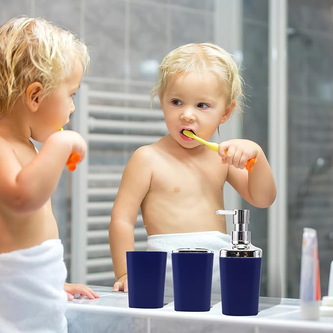 Navy Blue Bathroom Accessories Set, 9-Piece Plastic Gift Set with Trash Can, Toothbrush Holder, Toothbrush Cup, Soap Dispenser, Soap Dish, Toilet Brush Holder,2 Qtip Holder Dispensers and Tray