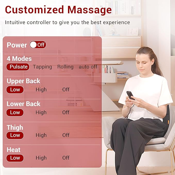 Back Massager for Chair, Vibration Massage Seat Cushion, Heated Seat Cover for Lower Back, Seat Warmer for Pain Relief, Chair Massager for Office, Gift for Men Women