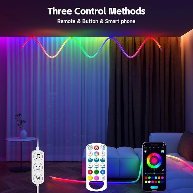 LED Rope Lights, 16.4ft Neon LED Lights Strip with 360 Degree Luminous, 5V USB Flexible IP67 Waterproof Music Sync Remote APP Control Gaming Lights Accessories for Bedroom Outdoor Décor