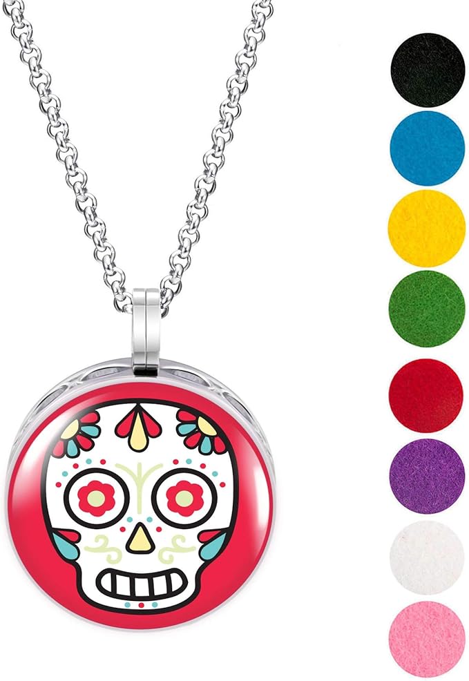 Wild Essentials Cartoon Sugar Skull Enamel Finish Essential Oil Diffuser Necklace Gift Set - includes Aromatherapy Pendant, 24" Stainless Steel Chain, 8 Color Refill Pads