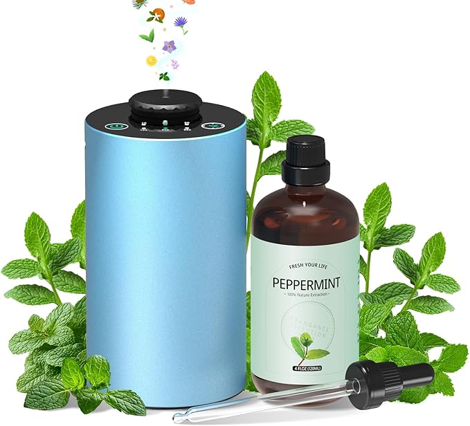 Waterless Car Diffuser for Essential Oil, Battery Operated Smart Air Freshener, Portable Mini Aromatherapy Scent Diffusers, 3 Timers & Mist Levels Cordless Nebulizer for Car Home Room Office, Blue