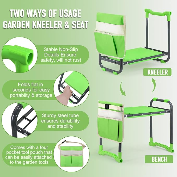 Garden Kneeler and Seat Heavy Duty with 10.2” Wider Soft Pad, Portable Folding Stool for Gardening with Extra Hand Pruner, Sturdy Garden Kneeling Bench for Senior Help Stand, Green